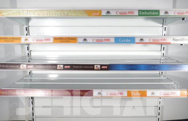 Tiras y Flejes promocionales publicitarios para porta precio de estanteria de góndola impresos en serigrafía sobre plástico PVC, Pai, Alto Impacto, Acrílicos